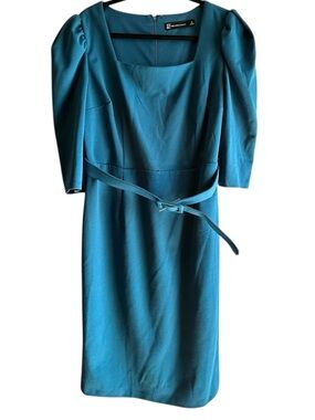 New York & Company Teal Square-Neck Midi Sheath Dress with Belt